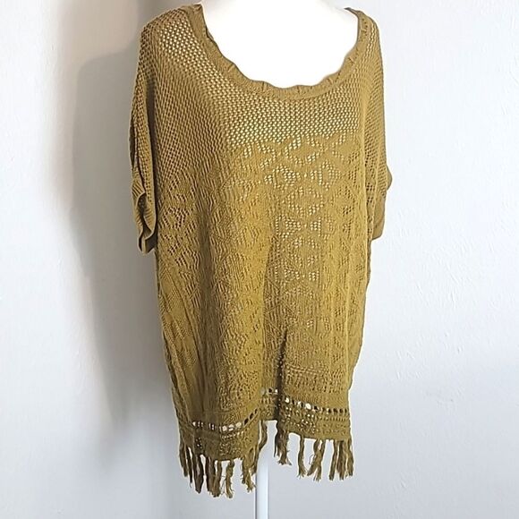 Torrid Gold Pullover Open-knit Sweater Top, Fringe Around the Bottom, Sz 1, 1X - Picture 2 of 11